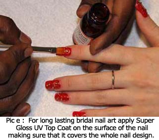 For long lasting bridal nail art apply Super Gloss UV Top Coat on the surface of the nail making sure that it covers the whole nail design.